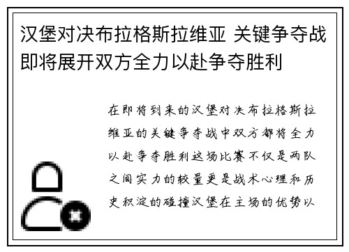 汉堡对决布拉格斯拉维亚 关键争夺战即将展开双方全力以赴争夺胜利