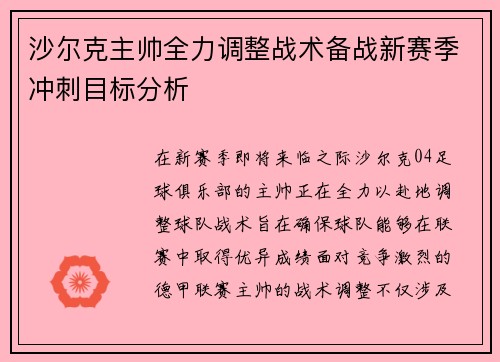 沙尔克主帅全力调整战术备战新赛季冲刺目标分析