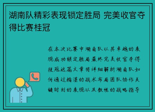 湖南队精彩表现锁定胜局 完美收官夺得比赛桂冠