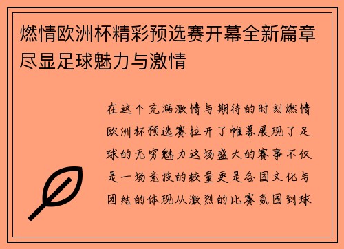 燃情欧洲杯精彩预选赛开幕全新篇章尽显足球魅力与激情