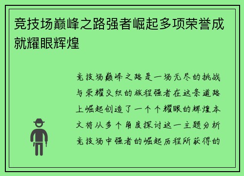 竞技场巅峰之路强者崛起多项荣誉成就耀眼辉煌