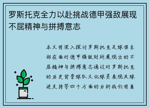 罗斯托克全力以赴挑战德甲强敌展现不屈精神与拼搏意志