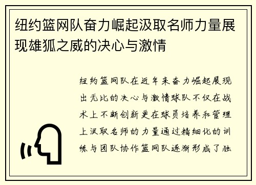 纽约篮网队奋力崛起汲取名师力量展现雄狐之威的决心与激情