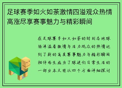 足球赛季如火如荼激情四溢观众热情高涨尽享赛事魅力与精彩瞬间